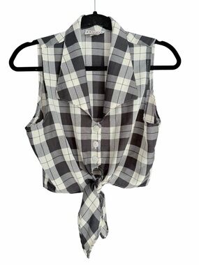 Vintage 90s Cindy B Desile Plaid Tie Front Blouse | Black White Cropped Top USA